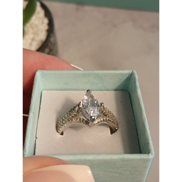 3Ct Marquise-Cut White Sapphire Halo Ring – Split Shank, 14K White Gold Plated - Picture 9 of 15